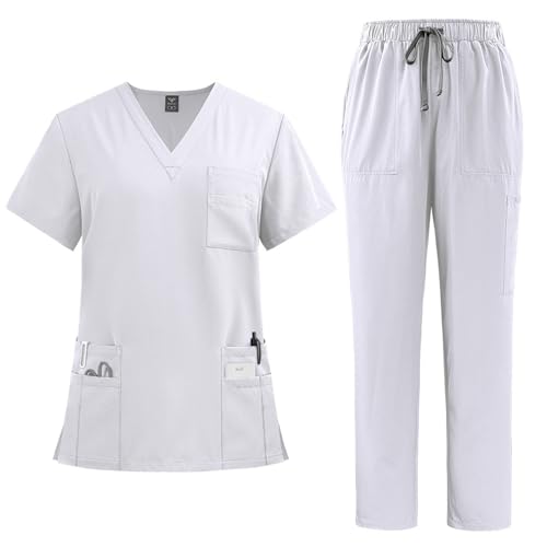 LUNULE Medizinische Arbeitskleidung Damen Herren Krankenschwester Set Waschbar Unisex Uniform Krankenhaus Kurzarm Oberteil Mit Hose Schlupfkasack Für Altenpflege Krankenpflege von LUNULE