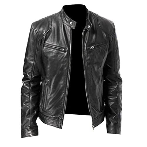 LUNULE Motorradjacke Herren Leder Mit Protektoren Kunst-Lederjacke Stehkragen Herrenjacke Klassische Vintage Pu Leder Fliegerjacke Rockabilly Biker Leder Jacke Freizeitjacke Maskulinem Biker-Look von LUNULE