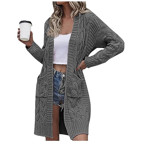 LUNULE Pullover Damen Jacke Damen Übergangsjacke Winterpullover Warm Cashmere Pullover Frauen Elegant Einfarbig Langarm Grobstrick Jacke Mit Taschen Herbst Winter Strickjacken+Für+Damen (Gray, L) von LUNULE