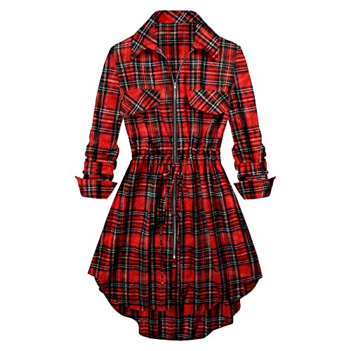 LUNULE Sexy Kleid Damen Lustige Faschingskostüme Damen Blusenkleid Kariert Longbluse Button Langarm Shirt Elegant Hemdkleid mit Rüschensaum Dress Kleid mit Knöpfen Zip Up Sommerkleid Rot XL von LUNULE