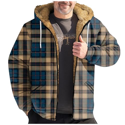 Strickjacke Herren Jacken Übergang Kariertes Druck Langarm Fleecejacke Mit Reißverschluss Herbst Winter Fleece Gefüttert Übergangsjacke(Dark Green,7XL) von LUNULE