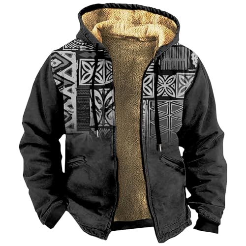 Strickjacke Herren Mantel Vintage Druck Dicke Teddy Fleece Gefüttert Langarm Hoodie Jacke Warm Kapuzenjacke Sherpa Jacket Für Herren(Black,7XL) von LUNULE
