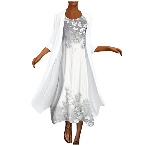 LUNULE Strickkleid Damen Kleid Damen Party Kleid Weiss Damen Kleid Rückenfrei Vintage Blumendruck Chiffon Zweiteiler Kleider 3/4 Ärmel Rundhals 2 Teiler Midikleid Kleider Schwarz (White, XXL) von LUNULE