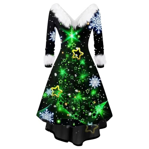 LUNULE Strickkleid Damen Silvester Outfit Weihnachten Plüsch Patchwork V Ausschnitt Partykleid Christmas Abendkleider Kleid Winter Party Kleider(Fluorescent Green,4XL) von LUNULE