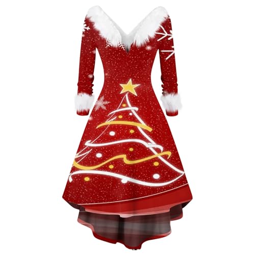 LUNULE Strickkleid Damen Winter Kleider Weihnachten Plüsch Patchwork V Ausschnitt Partykleid Christmas Abendkleider Kleid Herbst Rot Festlich(Red,4XL) von LUNULE