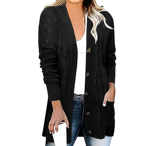 Strickmantel Damen Damen-Jacken Einfarbig Zopfmuster Grobstrick Jacke Mit Taschen Und Knöpfen Casual Langarm Open Front Longtops Lang Bunte Strickjacke von LUNULE