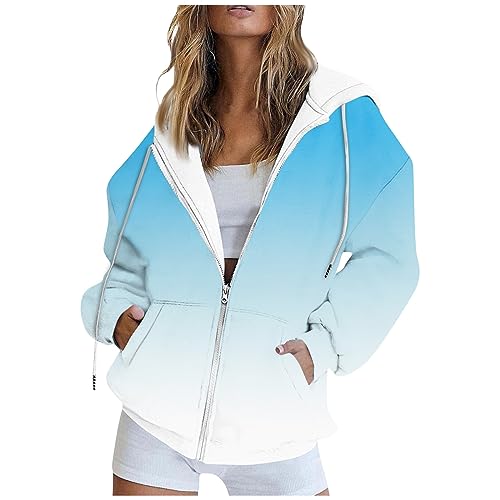 Sweatjacke Damen Dünne Jacke Gradient Langarm Sweatshirt Mit Kapuze Zipper Kapuzenjacke Sport Hoodie Reißverschluss Zip Hoodie(Sky Blue,S) von LUNULE