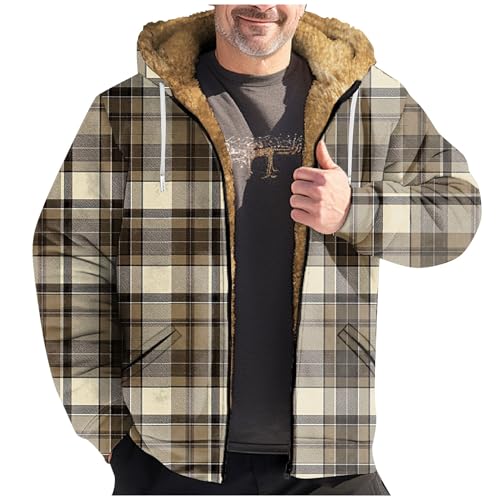 Teddy Jacke Herren Mens Jacket Kariertes Druck Langarm Fleecejacke Mit Reißverschluss Herbst Winter Fleece Gefüttert Herrenjacke Übergröße Winterjacken(Brown,4XL) von LUNULE