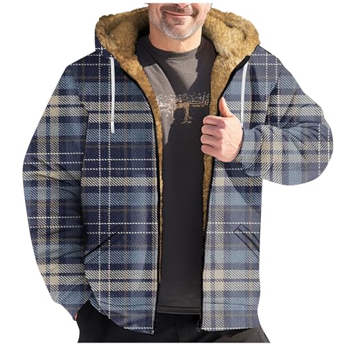 Weihnachtspullover Herren Zipper Hoodie Kariertes Druck Langarm Fleecejacke Mit Reißverschluss Herbst Winter Fleece Gefüttert Wolljacke(Navy,M) von LUNULE