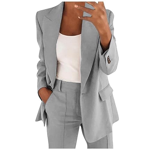 LUNULE Weißer Blazer Damen Zweiteiliger Damenanzug Mantel Schwarz Klamotten Frauen Einfarbig Revers Langarm Business Anzug Jacke Mit Tasche Jacke Schwarz (Grau, XL) von LUNULE