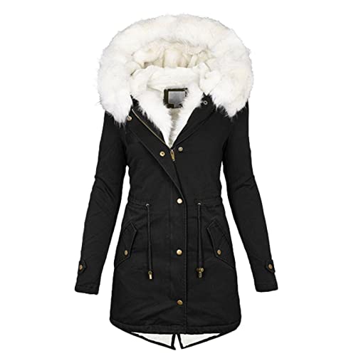 LUNULE Winterjacke Damen Elegant Dicken Parka Mantel Fleece Gefüttert Mit Kapuze/Revers Warmer Mittellanger Winter Jacke Teddyfell Winterjacke Female Gefüttert Plüschmantel Winterparka Fleecejacke von LUNULE