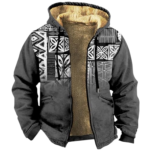 Wintermantel Herren Pullover Für Vintage Druck Dicke Teddy Fleece Gefüttert Langarm Hoodie Jacke Warm Kapuzenjacke Holzfäller(Gray,7XL) von LUNULE