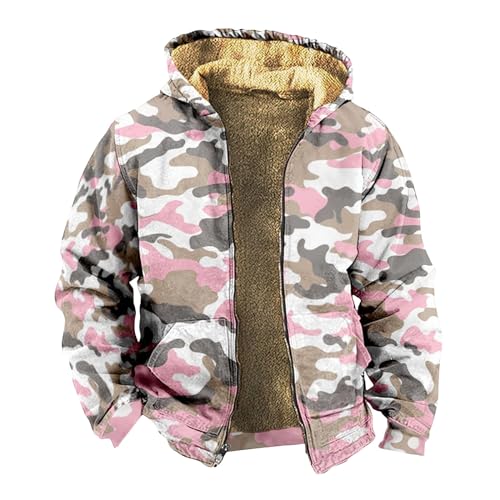 Wintermantel Herren Sweatshirt Jacke Camouflage Druck Teddy Fleece Gefüttert Langarm Hoodie Mit Reißverschluss Plüsch Übergangsjacke Jungen Winterjacken(Weiß,7XL) von LUNULE