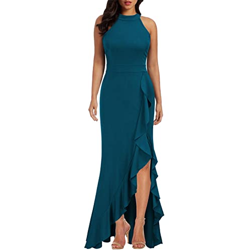 LUNULE sexy Kleid Damen 20er Jahre Kleid Kleid mit Schlitz Damen Einfarbig Neckholder ÄRmellos Asymmetrischer Hohem Schlitz Bodenlang RüSchen UnregelmäßIge Jugendweihe Kleider (Cyan, S) von LUNULE