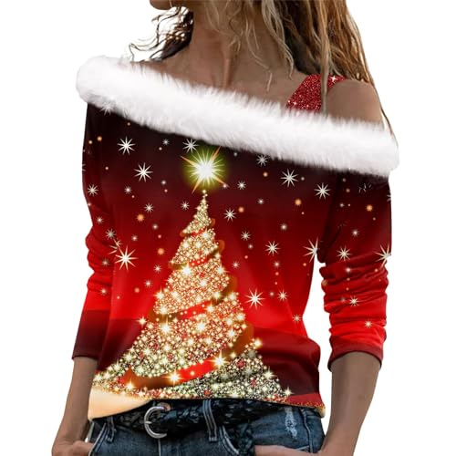 Langarm Shirts Damen Weihnachtskleid Damen Lustig Pulli Pulli Y2K Weihnachten 3D Druck Plüsch Schulterfrei Langarm Pulli Shirt Mit Schulterriemen Xmas Weißes Hemd (Red, XL) von LUNULE