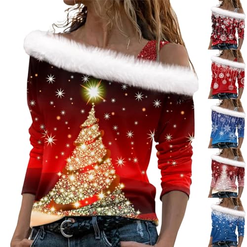 Langarmshirt Damen Xmas Shirt Damen-Jacken Langarmshirts Weihnachten 3D Druck Plüsch Schulterfrei Langarm Pulli Shirt Mit Schulterriemen Xmas Damen Shirt 3/4 Arm (Blue, XL) von LUNULE