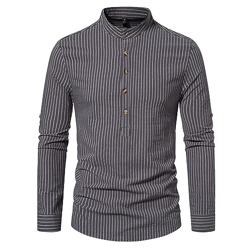 Langarmshirt Herren Strickjacke Schwarzes Hemd Running-Shirts Für Retro Gestreiftes Druck Hemden Button Down Stehkragen Basic Langarmhemd Solid Pullover (Dunkelgrau, M) von LUNULE