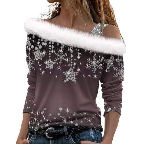 Langarmshirts Für Damen Weihnachten Kleidung Damen Oktoberfest Hemd Kleidung Damen Weihnachten 3D Druck Plüsch Schulterfrei Langarm Pulli Shirt Mit Schulterriemen Xmas Hoodie Decke Damen Lang von LUNULE