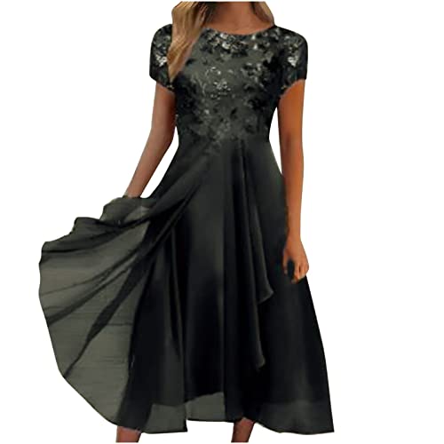 Lange Abendkleider Kleid Damen Elegant Lang Ballettkleidung Mädchen Hochzeit Kleid Damen Elegant Spitze Patchwork Chiffon Kleider Rundhals Mittlerer Ärmel Swing Minikleid Kleid Party (Black, L) von LUNULE