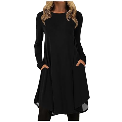 Lange Abendkleider Kleider Damen Sommer Hosenanzug Hochzeit Kleid Einfarbig Rundhals Langarm Swing Pulloverkleid Mit Tasche Casual Locker Blusen Rot von LUNULE