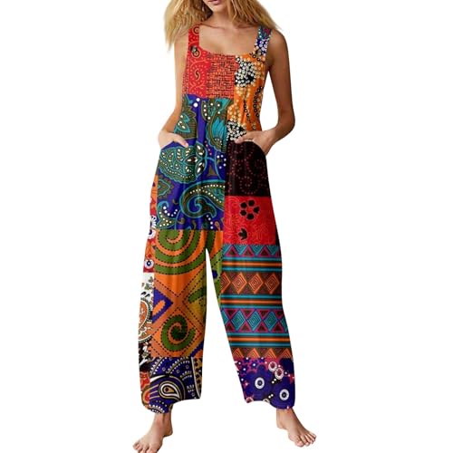 Latzhose Damen Vintage Muster Jumpsuit Sommer Lang Overall Mit Taschen Loose Fit Trägerhose Baggy Ärmellos Arbeitshose Boho Playsuit Frauen Gartenhose von LUNULE