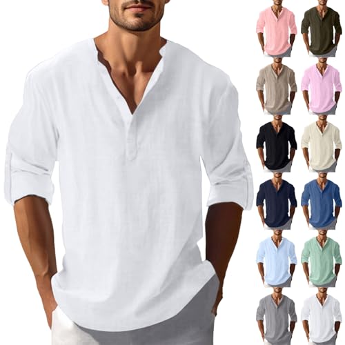 Leinen Hemden Herren Einfarbig Baumwolle Hemd Vintage Button Down Henley Shirts Regular Fit Businesshemd Casual Leicht Sommerhemd Bequeme Freizeithemd von LUNULE