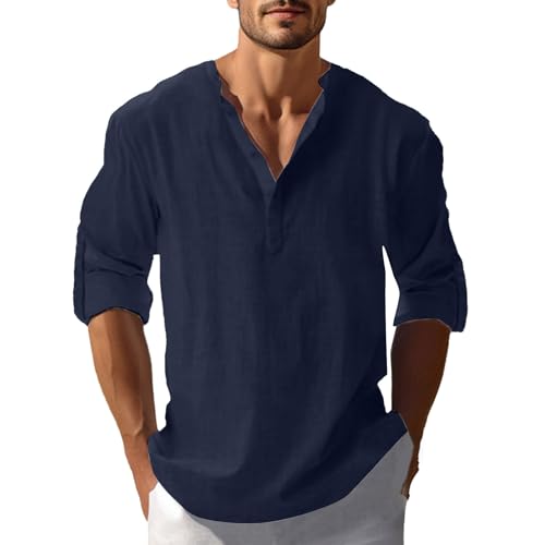 Leinenhemd Herren Einfarbig Baumwolle Leinen Hemd Vintage Button Down Henley Shirts Regular Fit Businesshemd Casual Leicht Sommerhemd Bequeme Freizeithemd von LUNULE