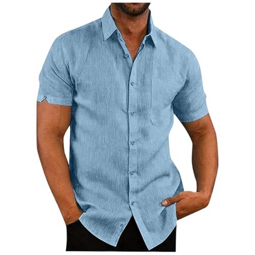 Leinenhemd Herren Kurzarm Einfarbige Baumwolle Leinen Hemden Button Down Freizeithemden Regular Fit Businesshemd Sommer Hawaiihemd Casual Leichtes Kurzarmhemd (Light Blue,3XL) von LUNULE