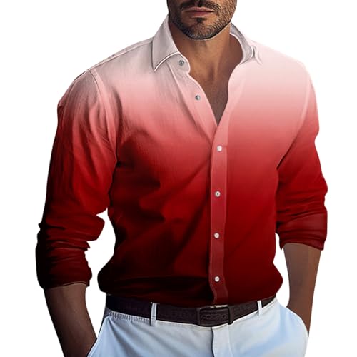 Leinenhemd Herren Langarm Hemd Weiß Gradient Druck Button Down Hemden Lässige Loose Fit Beach Shirt Freizeithemd Leicht Trachtenhemd (Vermilion,XL) von LUNULE