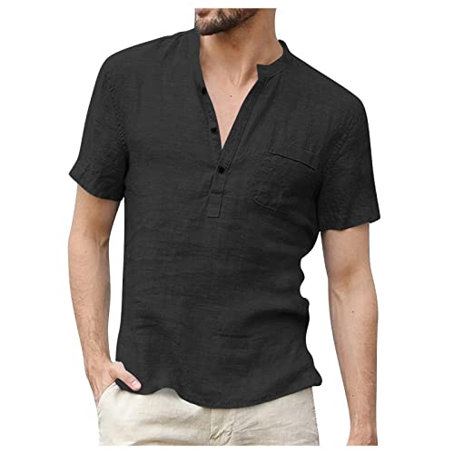 Leinenhemd Herren T Shirts Männer Set Tshirts Männer Einfarbig Baumwolle Leinen Henley Shirt Mit Stehkragen Sommer Langarm/Kurzarm Freizeithemd Sauna Shirt Herren (Black, 3XL) von LUNULE