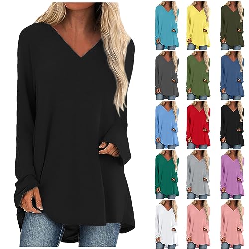 Longshirt Damen Langarm Elegant Einfarbig Langarmshirt Mode Rundhalsausschnitt V-Ausschnitt Oberteil Locker Blusenshirt Lässige Sport Shirt Frühjahr Sommer Tops Tunika Leicht Tshirt Blusen von LUNULE