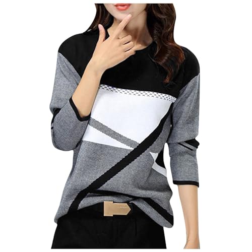 Longshirt Damen Pullover Herbst Farbblock Rundhals Langarm Pulli Ohne Kapuze Basic Oberteile Casual Bequem Langarmshirt Baumwolle Oversize Shirt von LUNULE