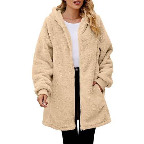Mantel Damen Winterpullover Einfarbig Langarm Plüschjacke Mit Reißverschluss Casual Warm Fleece Kapuzenjacke Jacke Winter Wintermantel Lang(Khaki,XXL) von LUNULE