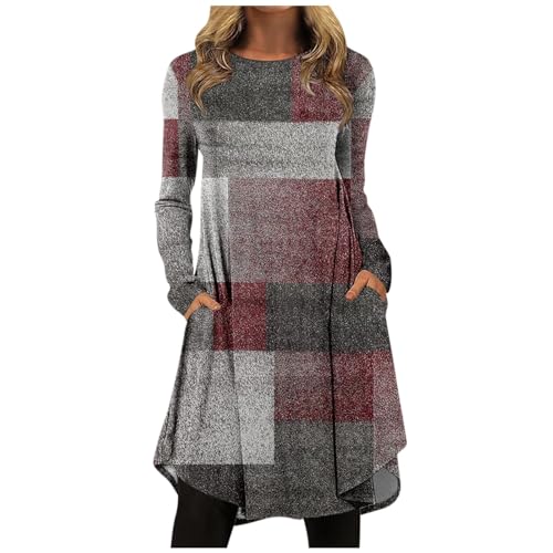 Maxikleid Damen Langarm Hemdkleid Cocktailkleid Lang Elegant Vintage Druck Rundhals Minikleid Casual Tunika Blusen Kleid Longpullover von LUNULE