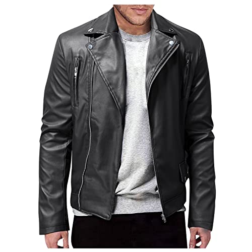 Motorradjacke Herren Leder LUNULE Kunst-Lederjacke Revers Herrenjacke Klassische Vintage PU Leder Fliegerjacke Rockabilly Biker Leder Jacke Rocker Punk Freizeitjacke Western Highway Rockerjacke Mantel von LUNULE