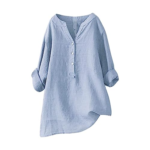 Musselin Bluse Damen Kurzarm, Damenbluse Leinen Shirt Tunika Knopf V-Ausschnitt Blusenshirt Große Größen Damenblusen von LUNULE