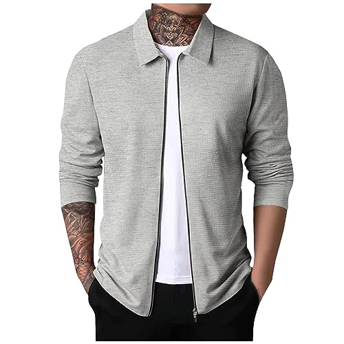Outdoor Jacken Für Herren Herrenjacke Übergangsjacke Sport Jacke Leichte Dünne Waffel Einfarbig Revers Sweatjacke Mit Reißverschluss Casual Slim Fit Outdoor Jacke (Light Gray, M) von LUNULE