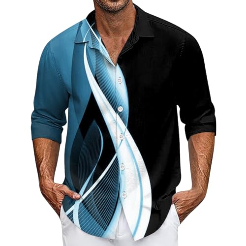 Poloshirt Herren Langarm Langarmshirts Für Herren Herren Hemd Weiss Arbeits T-Shirt Herren Gradient Herrenhemd Button Down Revers Langarmhemd 3D Druck Hemden Longsleeve (Sky Blue, 3XL) von LUNULE