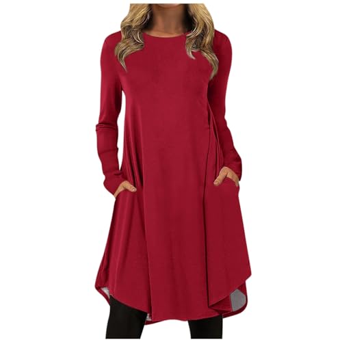 Prinzessin Kleid Mädchen Damen Langarm Italienische Kleider Partykleid Einfarbig Rundhals Swing Pulloverkleid Mit Tasche Casual Locker Blusen Weiß Lang von LUNULE