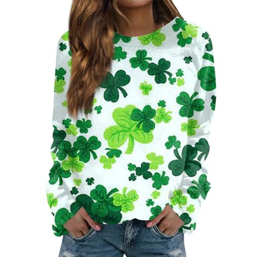 Pullover Damen Elegant Glitzer Oberteile Damen Glitzer Weihnachts-Shirt St Patricks Day Bedruckte Rundhals Langarm Basic T-Shirt Grünem Kleeblatt Muster Tshirt Weiss Damen (Green, M) von LUNULE