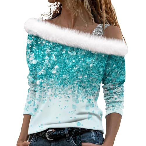 Pullover Damen Elegant Herren Weihnachtspullover T Shirt Kleid Damen Unterhemd Weihnachten 3D Druck Plüsch Schulterfrei Langarm Pulli Shirt Mit Schulterriemen Xmas Shirts (Light Blue, XXL) von LUNULE