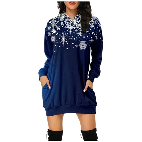 Pullover Damen Elegant Musselin Bluse Hoodie Kleid Pulli Lange 3D Druck Kapuzenpullover Xmas Langarm Mit Kapuze Christmas Warmer Hausanzug(Dark Blue, XXL) von LUNULE