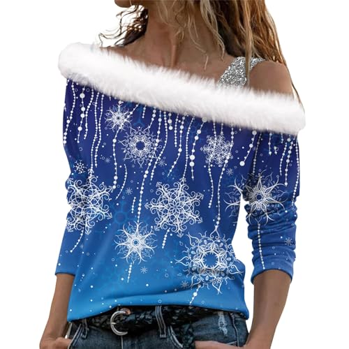 Pullover Damen Elegant Weihnachtsrock Damen Hausanzug Damen Spaghetti Top Damen Weihnachten 3D Druck Plüsch Schulterfrei Langarm Pulli Shirt Mit Schulterriemen Xmas Sport Oberteil (Royal Blue, M) von LUNULE