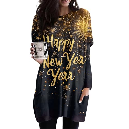 Pullover Damen Herbst Rotes Kleid Happy New Year Druck Pulloverkleid Mit Tasche Lustig Silvester Casual Warm Langarm Hässliche (Black,M) von LUNULE