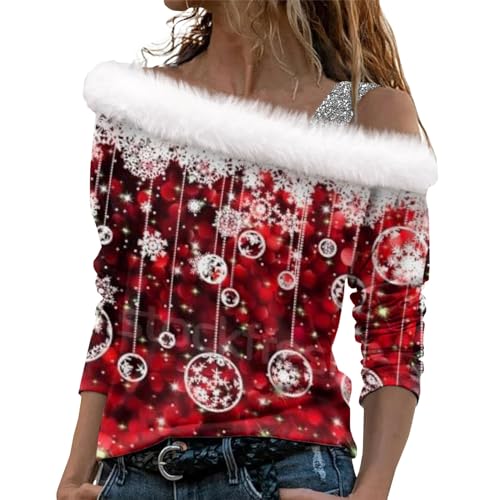 Shirt Langarm Damen Weihnachtspulli Lustig Sweatshirt Jacke Damen Mit Kapuze Laufshirt Damen Weihnachten 3D Druck Plüsch Schulterfrei Langarm Pulli Shirt Mit Schulterriemen Xmas Vintage Clothes von LUNULE