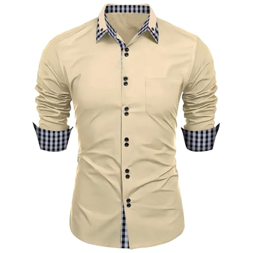 Shirt Langarm Herren Hemd Weiss Kariert Muster Button Down Hemden Mit Taschen Slim Fit Businesshemd Casual Leicht Schwarz Fischerhemd von LUNULE