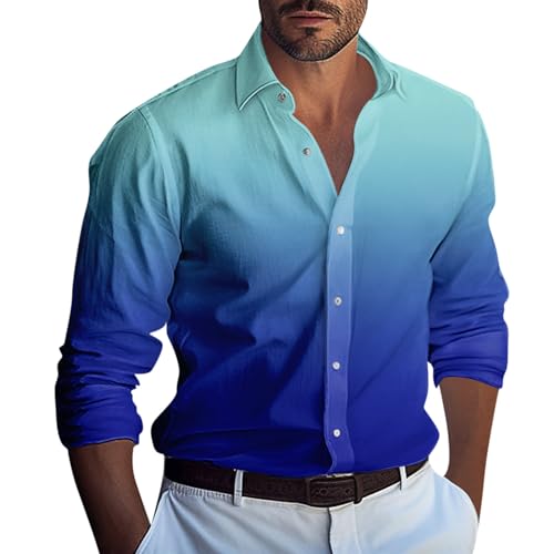 Shirt Langarm Herren Weißes Hemd Gradient Druck Button Down Hemden Lässige Loose Fit Beach Freizeithemd Leicht Basic Tshirt (Blau,M) von LUNULE