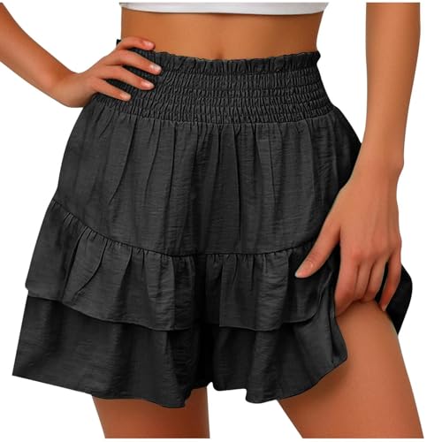 Shorts Damen Sommer Einfarbig Hoher Taille Minirock Stufensaum Rüschen Hosenrock Leichte Luftige Kurzer Hosen Casual Locker Strandhose Elastische Shortrock Mode A-Linie Strandrock Sommerhose von LUNULE