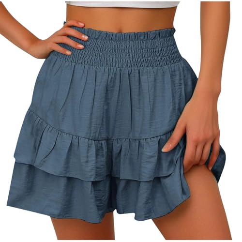 Shorts Damen Sommer Einfarbig Hoher Taille Minirock Stufensaum Rüschen Hosenrock Leichte Luftige Kurzer Hosen Casual Locker Strandhose Elastische Shortrock Mode A-Linie Strandrock Sommerhose von LUNULE