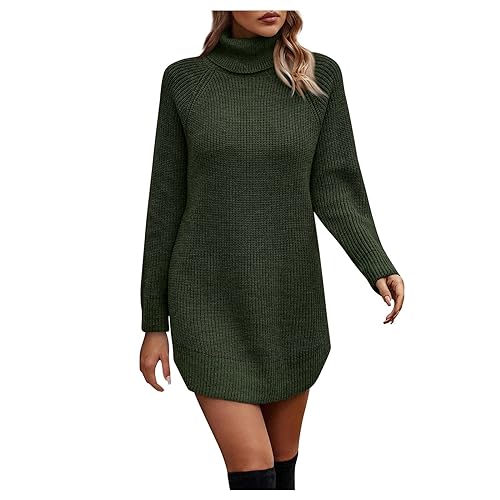 Silvester Kleid Damen Etuikleid Damen Klamotten Teenager Mädchen Frauen Einfarbig Rollkragen Langarm Strick Minikleid Herbst Winter Lang Gestrickte Kleid Sweatkleid Kleider Damen Langarm (Grün, S) von LUNULE